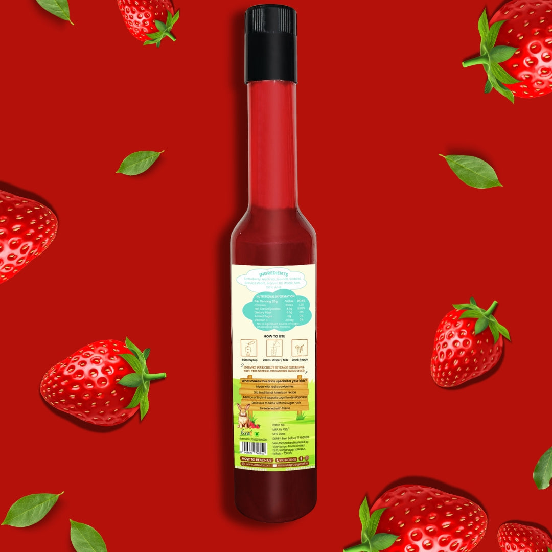 Vistevia Kids Strawberry Drink Syrup, With No Added Sugar - Enriched With Brahmi Which Helps In Cognitive Development, Made With Real Strawberries and Sweetened With Stevia, Delicious to Taste Pack Of 1 (470ML)