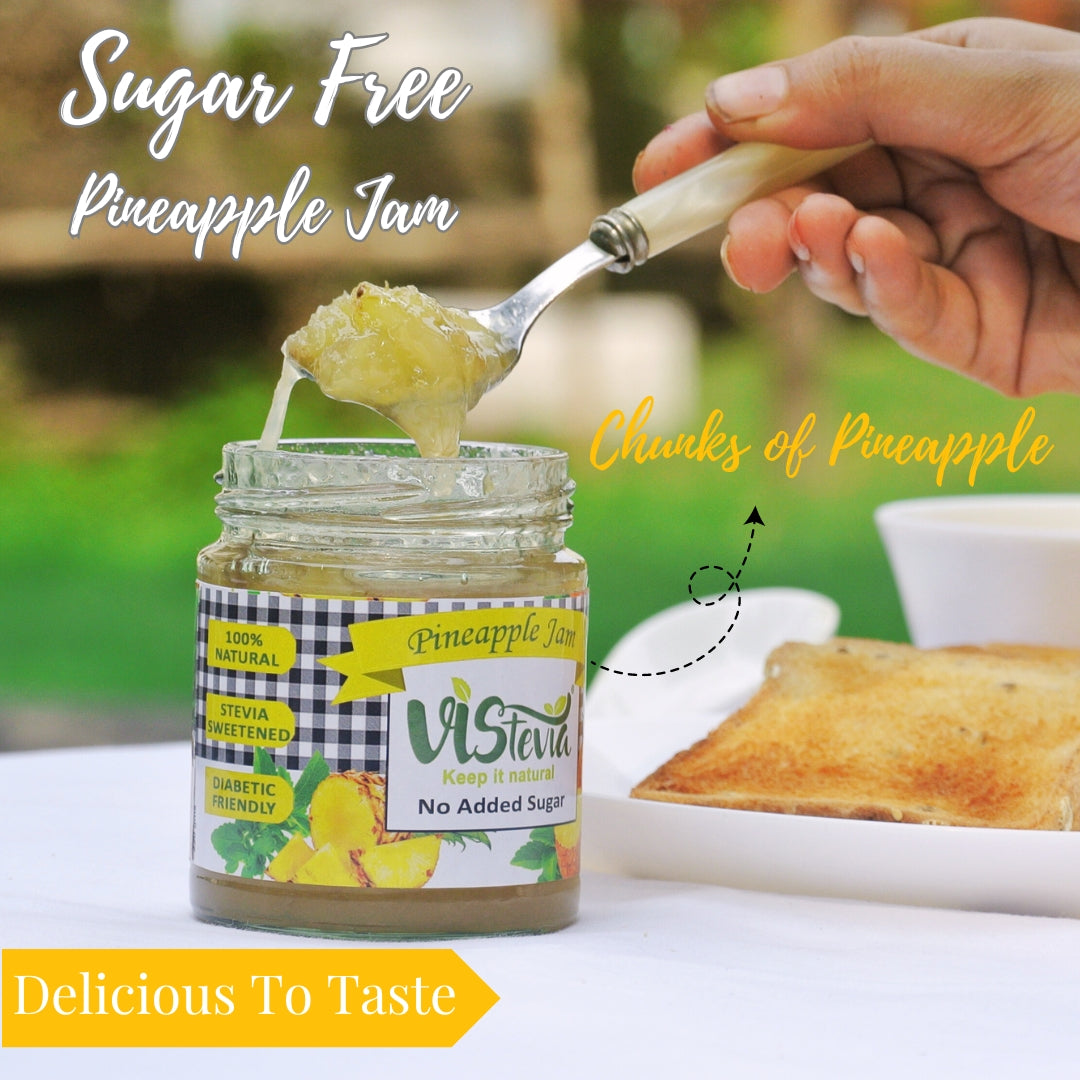 Vistevia Sugar Free Pineapple Jam, Diabetic and Keto Friendly - Sweetened Naturally with Stevia, More Than 60% Pineapple Content - Tastes Delicious - Pack of 1 (220GM)
