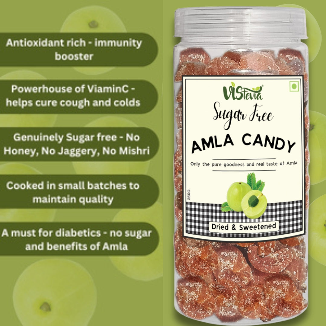 VIStevia Sugar Free Dried and Sweetened Amla Candy, Diabetic and Keto Friendly - Sweetened Naturally with Stevia - A Great Source of VitaminC and Antioxidants - Tastes Delicious - Pack of 1 (250 GM)