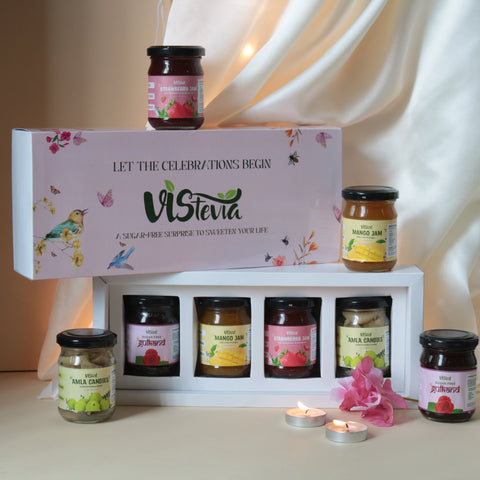 VIStevia Festive Gift Hamper | Pack of 4 | Sugar Free Strawberry Jam, Mango Jam, Gulkand & Amla Candy