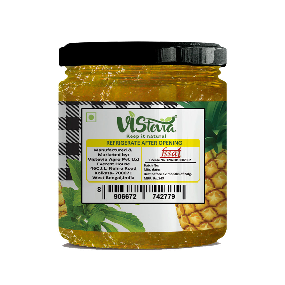 Vistevia Sugar Free Pineapple Jam, Diabetic and Keto Friendly - Sweetened Naturally with Stevia, More Than 60% Pineapple Content - Tastes Delicious - Pack of 1 (220GM)